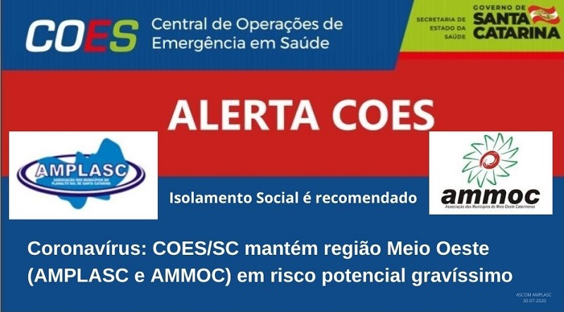 Read more about the article Coronavírus: COES/SC mantém região Meio Oeste (AMPLASC e AMMOC) em risco potencial gravíssimo